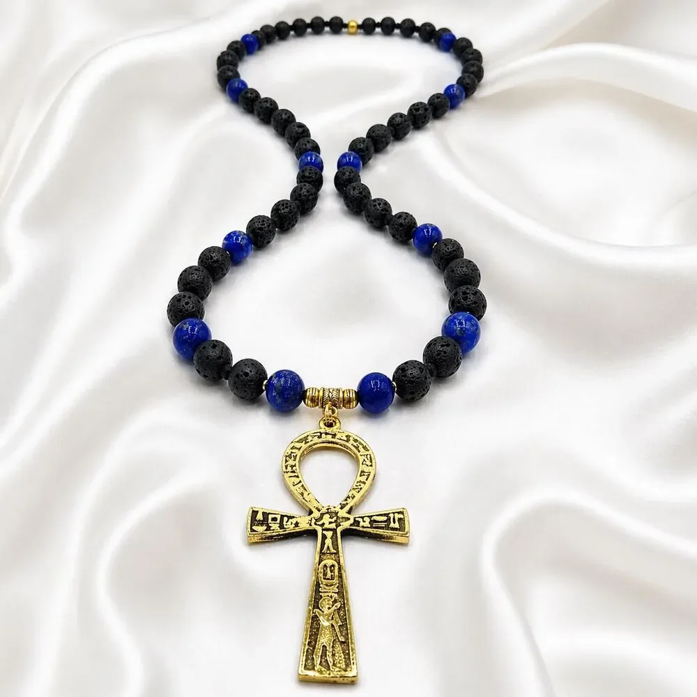 Handmade Lapis Lazuli and Lava Stone Ankh Necklace, Egyptian Jewelry